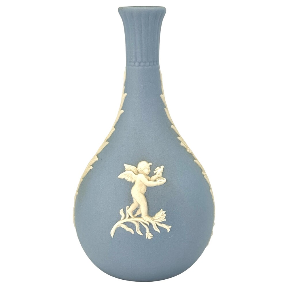 Wedgwood Pale Blue Jasperware Seasons Bud Vase With Box Cherubs